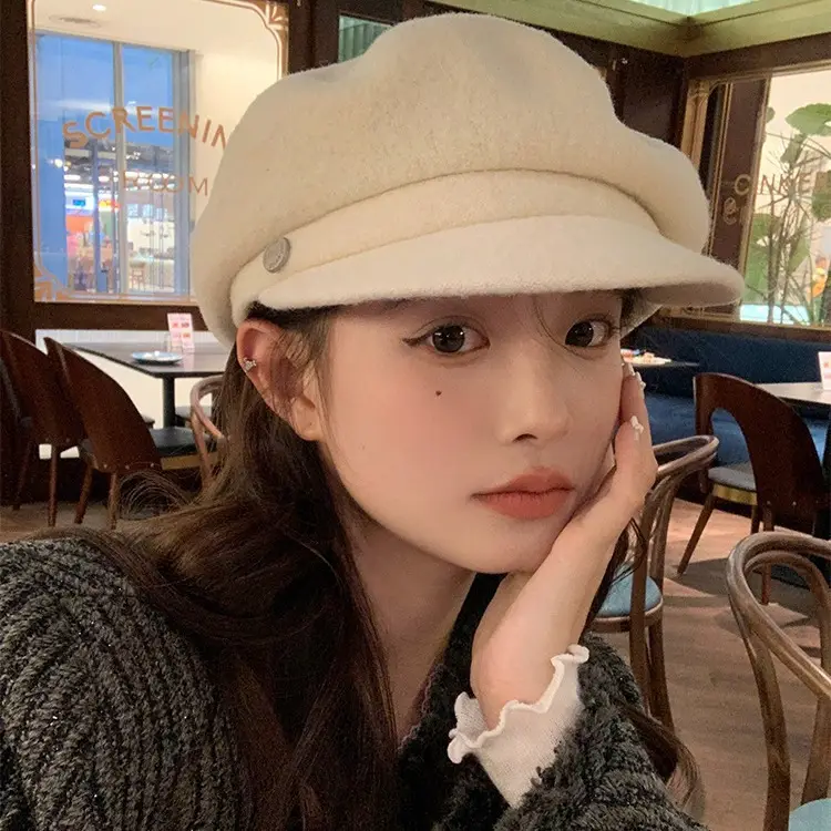 Women Woolen Newsboy Cap White Winter Warm