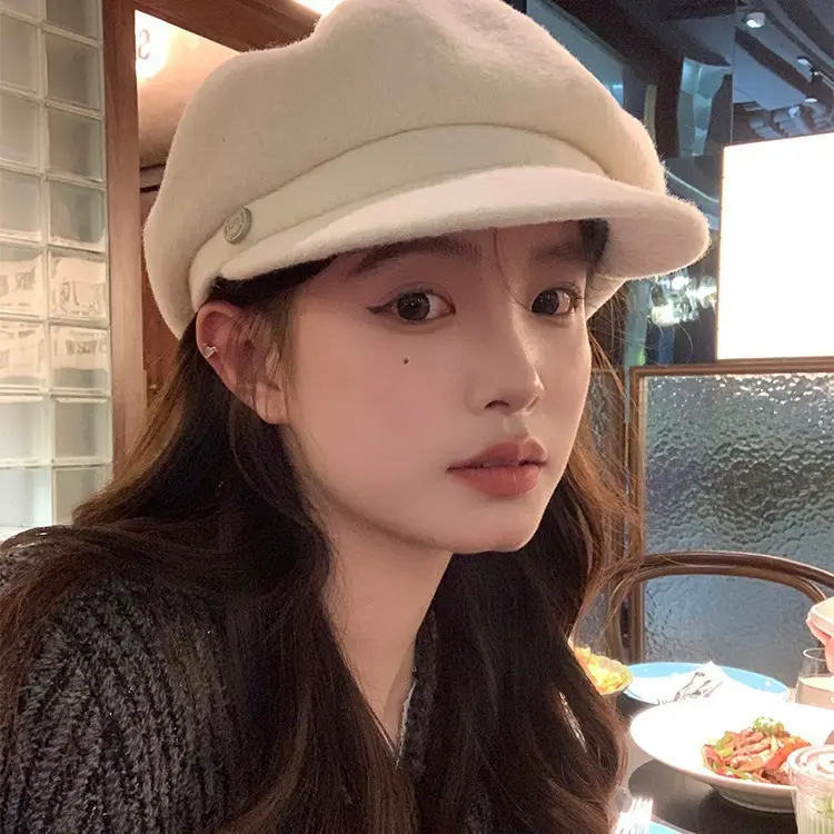 Women Woolen Newsboy Cap White Winter Warm