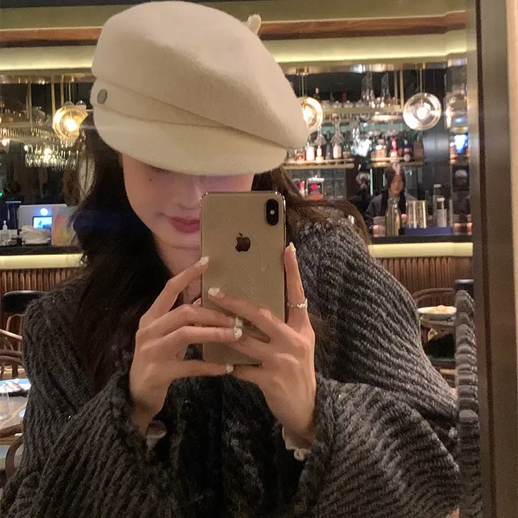 Women Woolen Newsboy Cap White Winter Warm