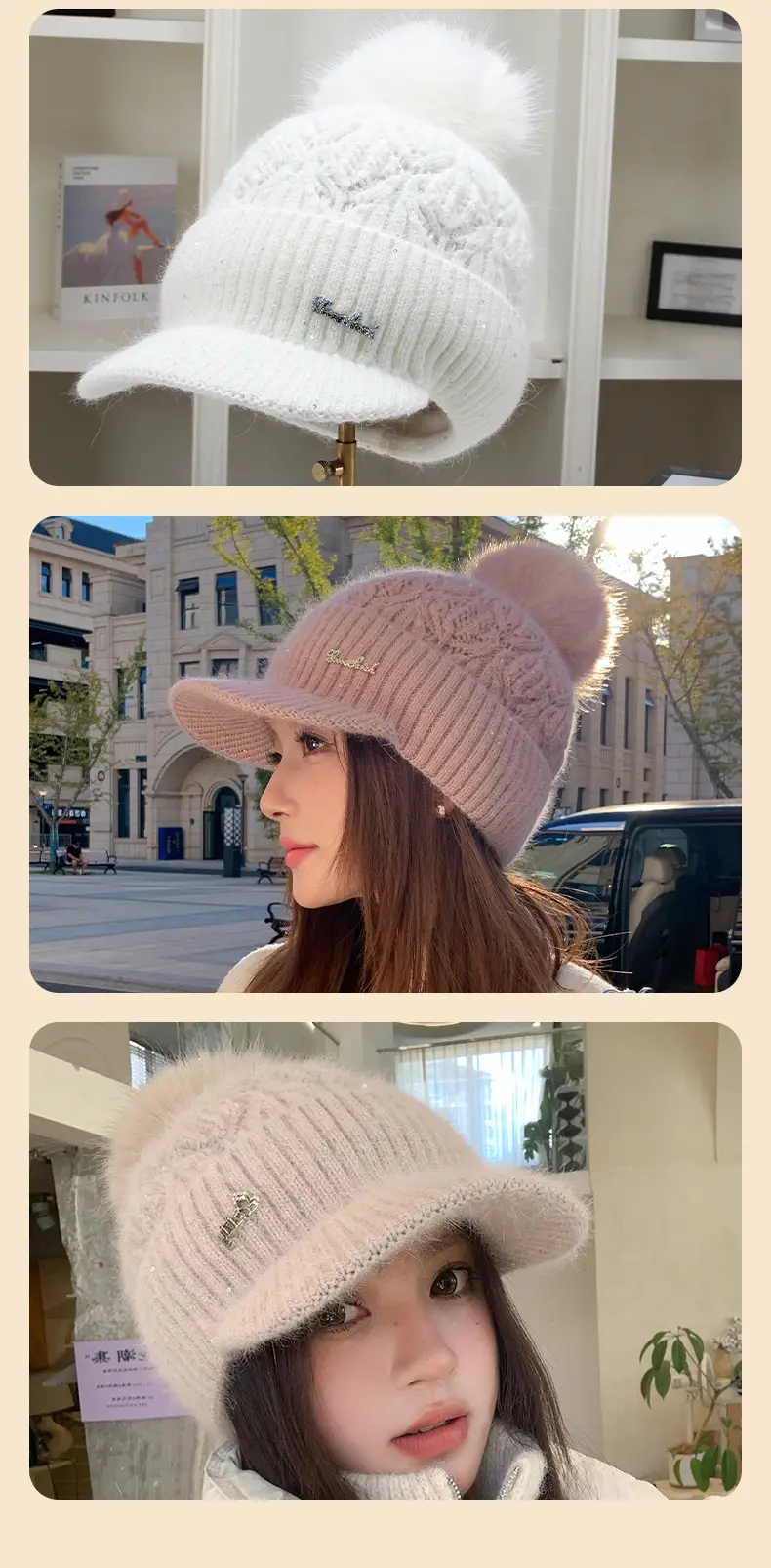 Women Knitted Duckbill Cap Winter Fleece Lined Warm — feature 12