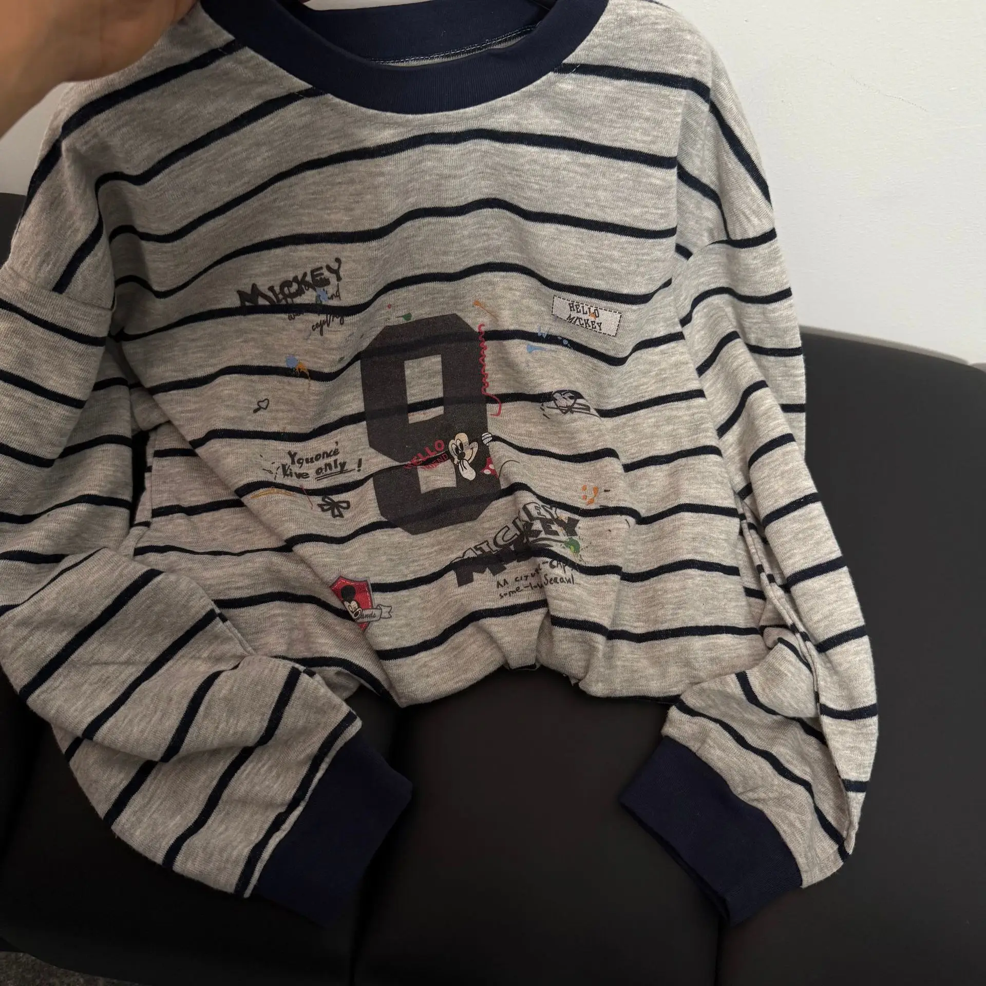 Girls Striped Mickey Print Top Shirt Grey - Image 3