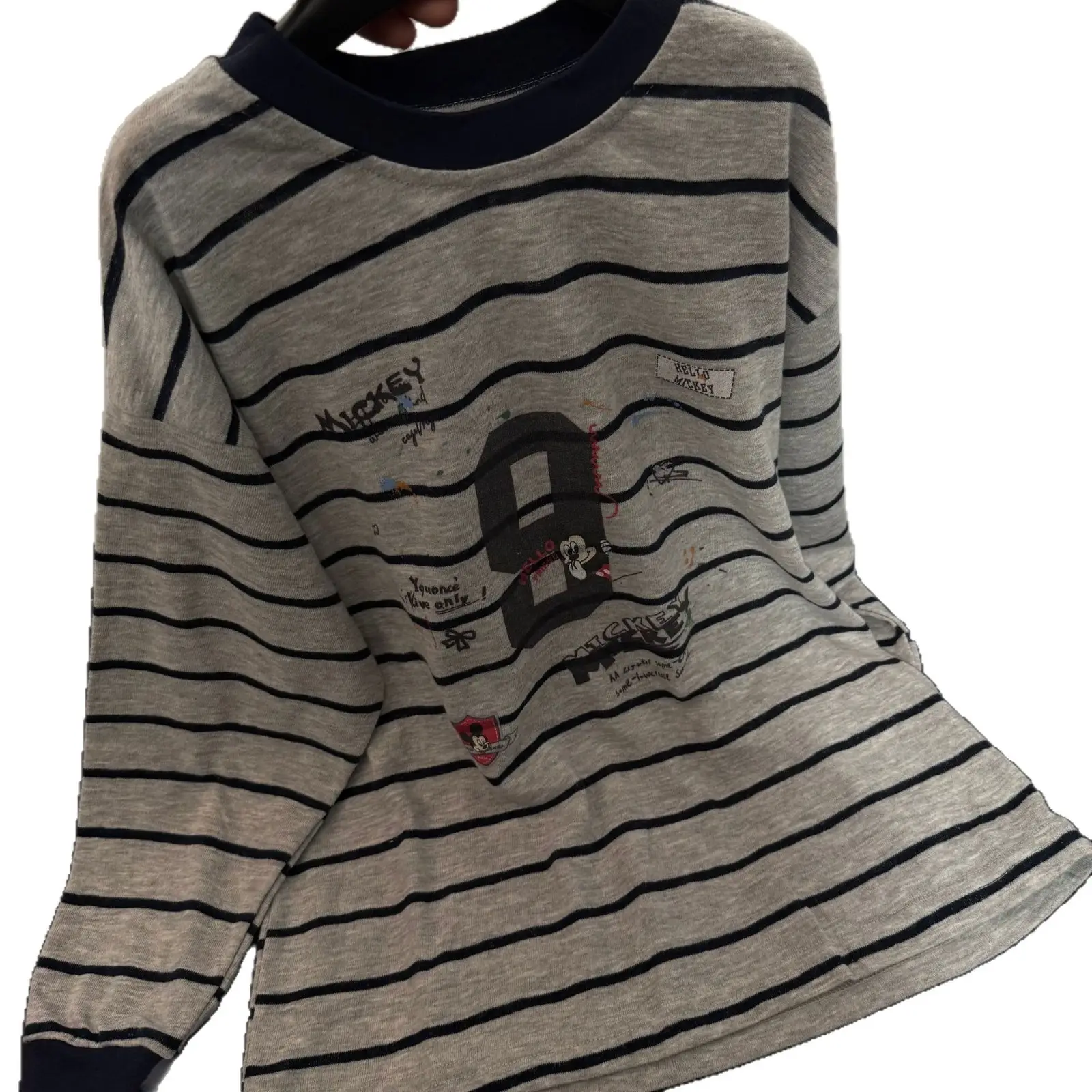 Girls Striped Mickey Print Top Shirt Grey - Image 6