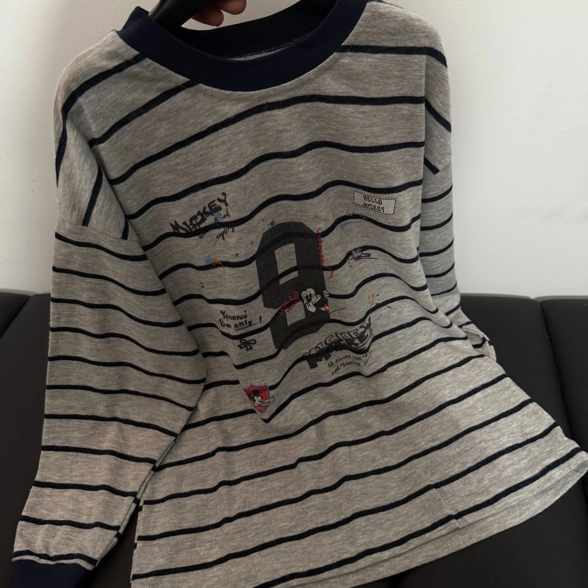Girls Striped Mickey Print Top Shirt Grey â feature 15