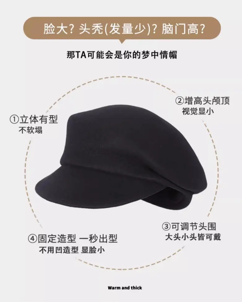 Black Wool Face Beret for Women Autumn Winter Fedora — feature 4