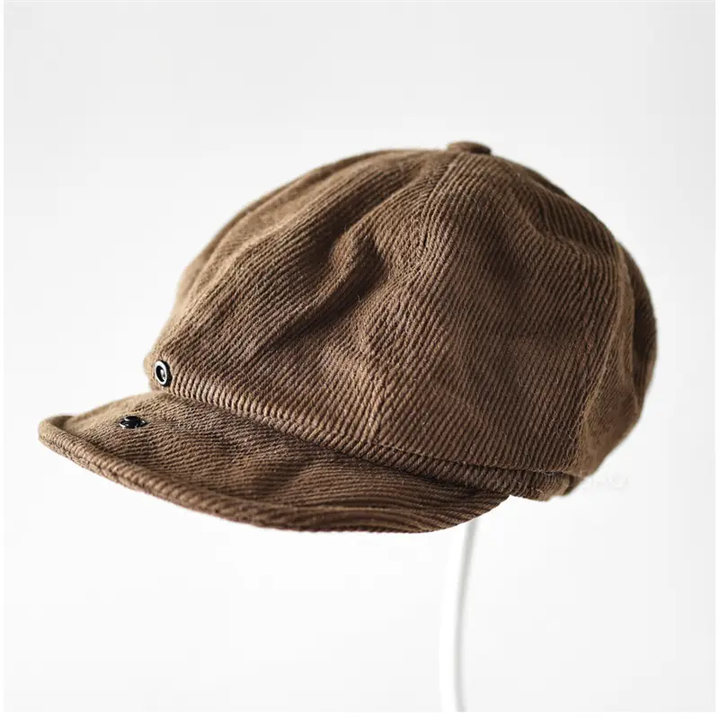 Brown Corduroy Hidden Button Cap Unisex British Style