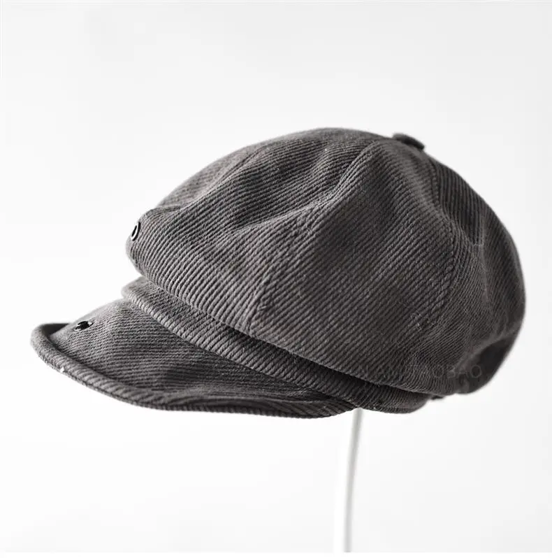 Brown Corduroy Hidden Button Cap Unisex British Style — feature 1