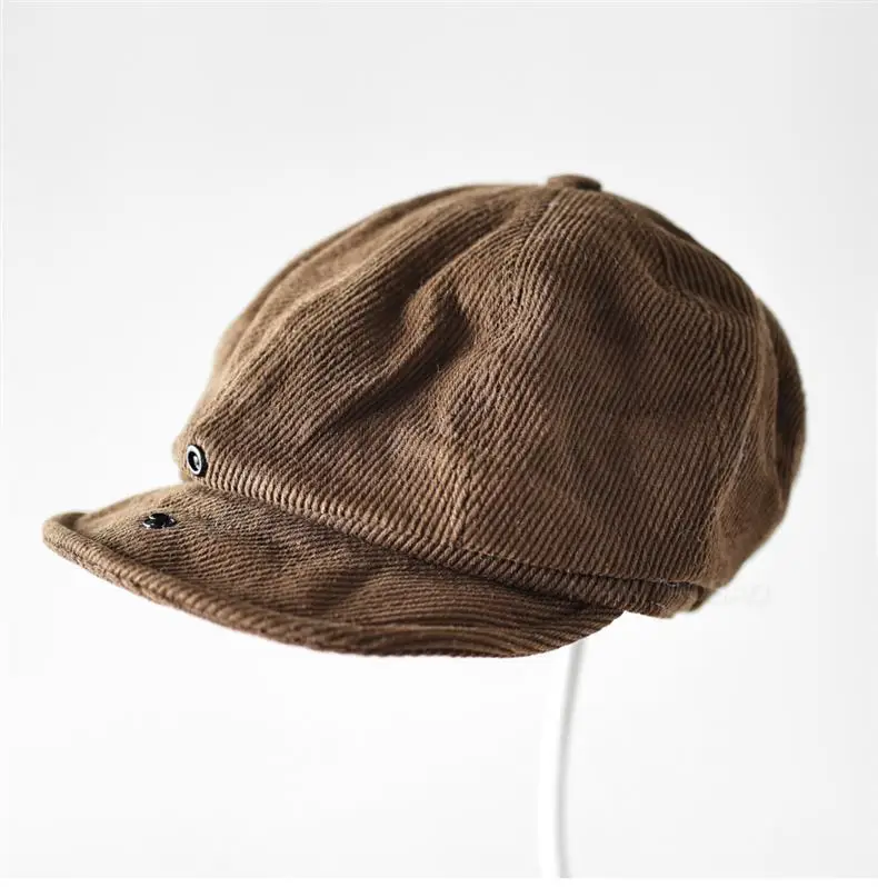 Brown Corduroy Hidden Button Cap Unisex British Style — feature 5