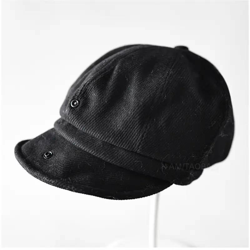 Brown Corduroy Hidden Button Cap Unisex British Style