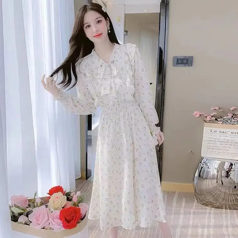 French Floral Dress for Women Spring New Goddess Style Korean Style Soft Wind Waist Slimming Date Chiffon Long Skirt