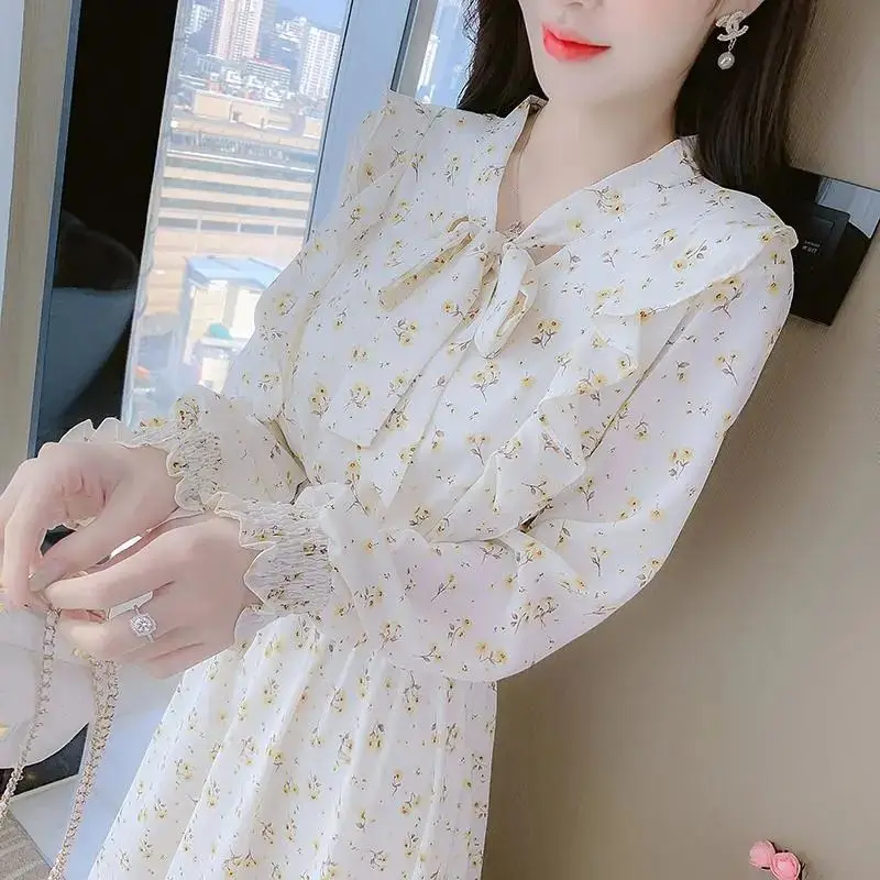 French Floral Dress for Women Spring New Goddess Style Korean Style Soft Wind Waist Slimming Date Chiffon Long Skirt