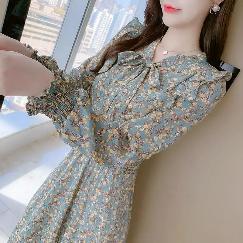French Floral Dress for Women Spring New Goddess Style Korean Style Soft Wind Waist Slimming Date Chiffon Long Skirt