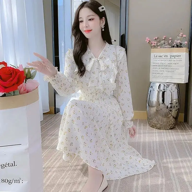 French Floral Dress for Women Spring New Goddess Style Korean Style Soft Wind Waist Slimming Date Chiffon Long Skirt