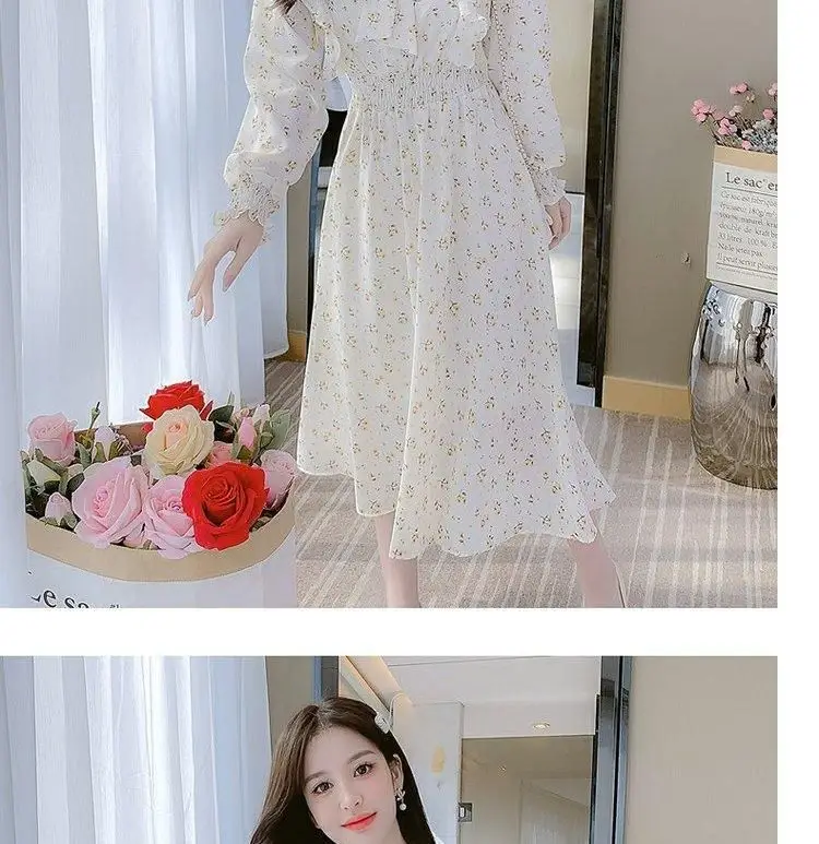 French Floral Dress for Women Spring New Goddess Style Korean Style Soft Wind Waist Slimming Date Chiffon Long Skirt — feature 11