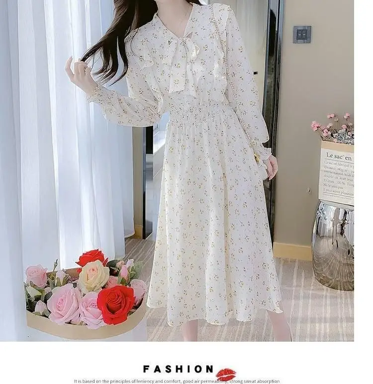French Floral Dress for Women Spring New Goddess Style Korean Style Soft Wind Waist Slimming Date Chiffon Long Skirt — feature 12