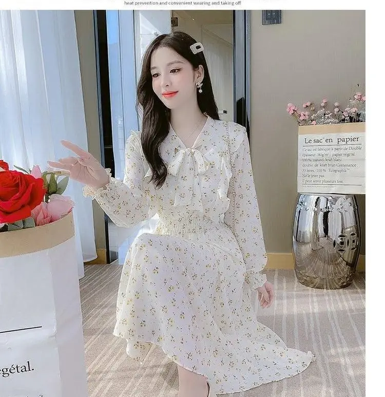 French Floral Dress for Women Spring New Goddess Style Korean Style Soft Wind Waist Slimming Date Chiffon Long Skirt — feature 13