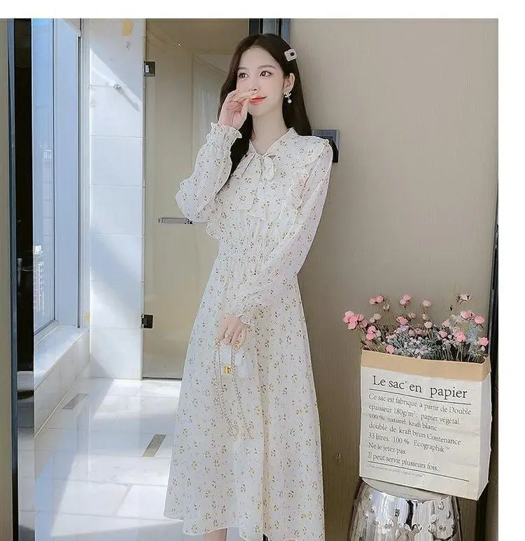 French Floral Dress for Women Spring New Goddess Style Korean Style Soft Wind Waist Slimming Date Chiffon Long Skirt — feature 7