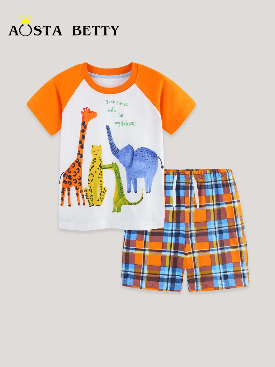 Boys Cartoon Animal T-Shirt Orange White 2-Piece Set