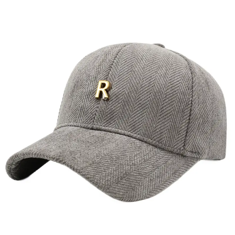 Gray Herringbone Baseball Cap with Gold R Logo