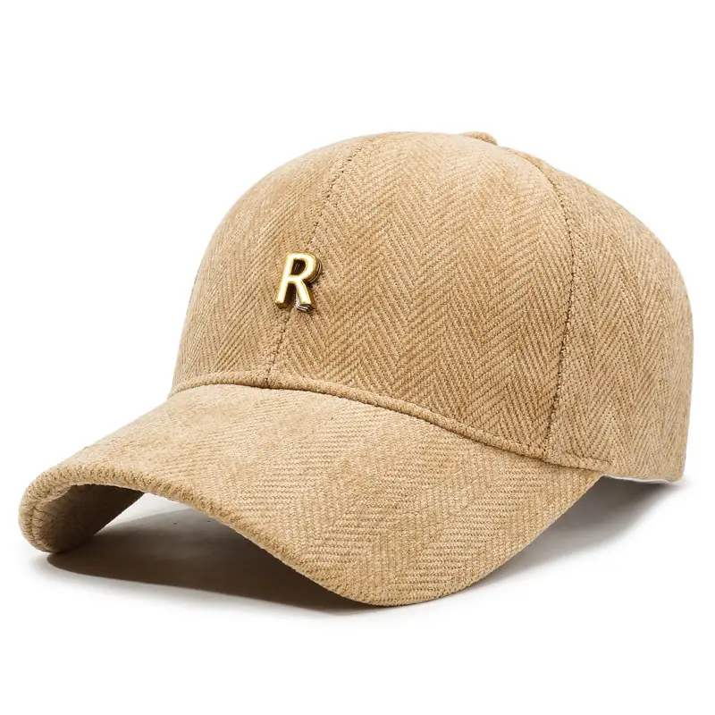 Gray Herringbone Baseball Cap with Gold R Logo