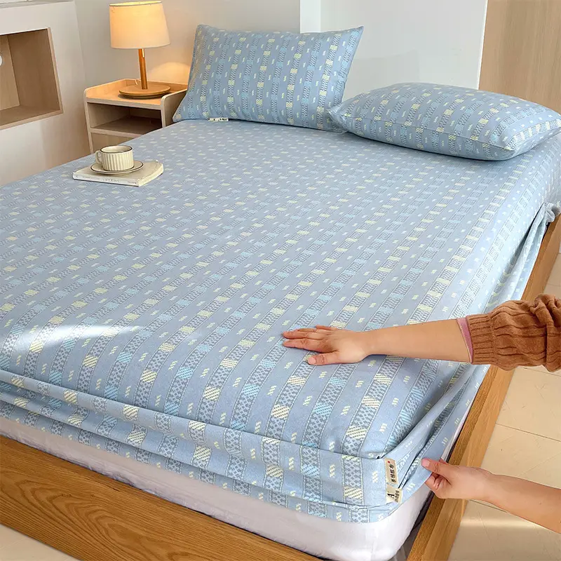 100% Pure Cotton Old Coarse Cloth Fitted Sheet Single Piece Full Cotton Mattress Protector Dust Cover Non-Slip Bed Sheet Bed Cover Protector
