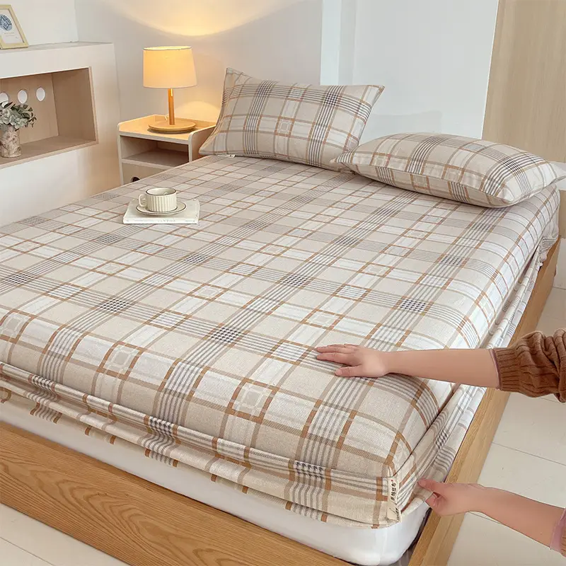 100% Pure Cotton Old Coarse Cloth Fitted Sheet Single Piece Full Cotton Mattress Protector Dust Cover Non-Slip Bed Sheet Bed Cover Protector