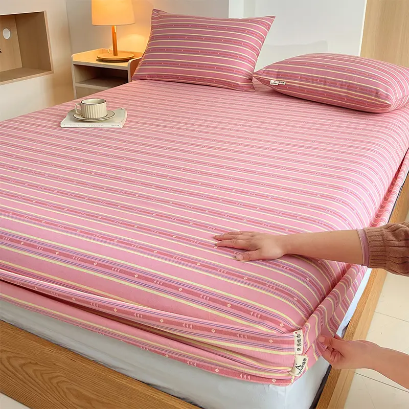 100% Pure Cotton Old Coarse Cloth Fitted Sheet Single Piece Full Cotton Mattress Protector Dust Cover Non-Slip Bed Sheet Bed Cover Protector