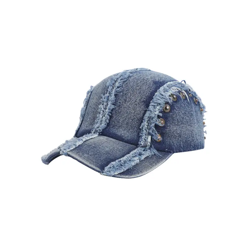 Vintage Washed Denim Cap with Raw Edge & Copper Buckle for Women Men