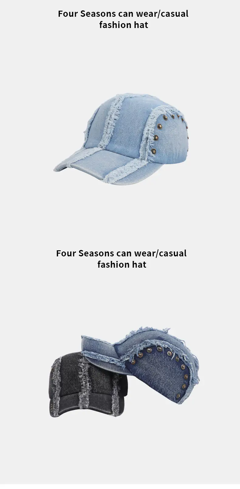 Vintage Washed Denim Cap with Raw Edge & Copper Buckle for Women Men — feature 10