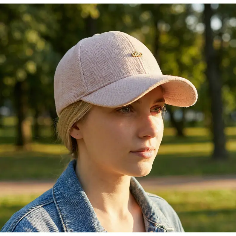 Men's Tan Herringbone Baseball Cap with Face Curved Brim — feature 14