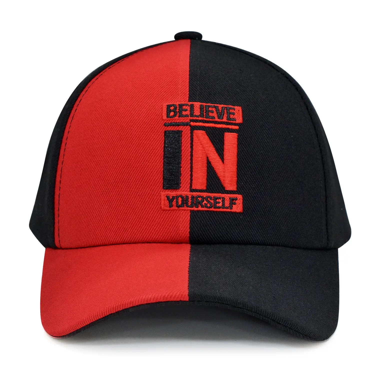 Unisex Red Black Baseball Cap with "BELIEVE IN YOURSELF" Design - Image 4