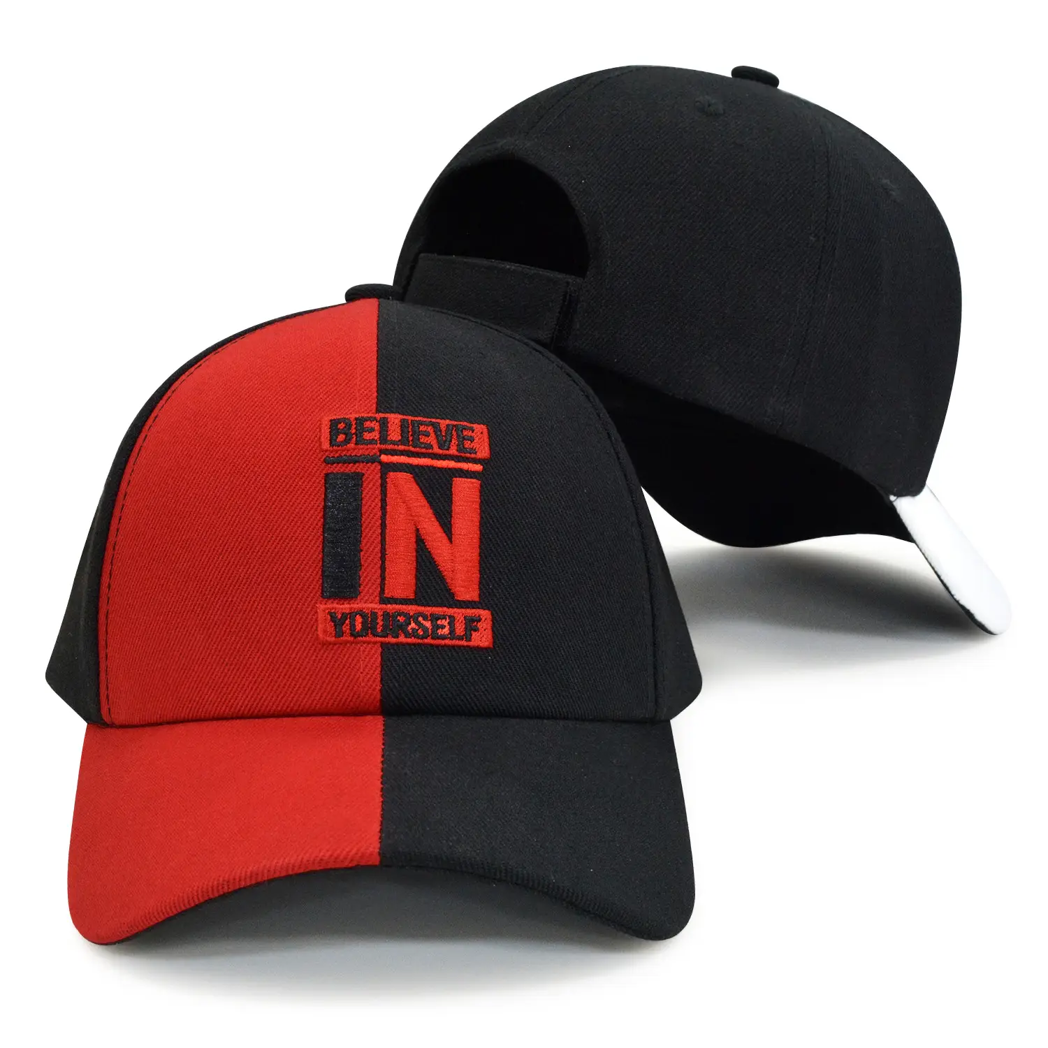 Unisex Red Black Baseball Cap with "BELIEVE IN YOURSELF" Design — feature 1