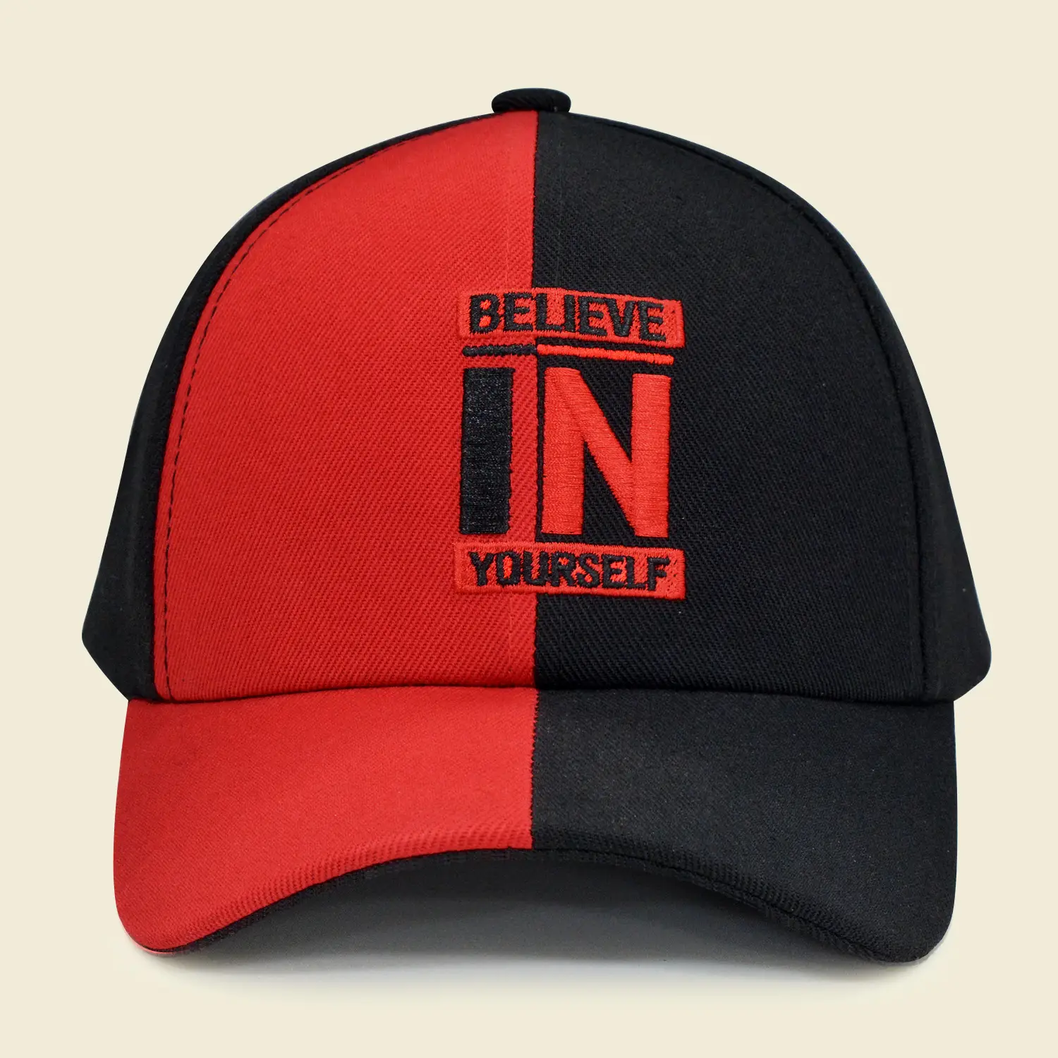 Unisex Red Black Baseball Cap with "BELIEVE IN YOURSELF" Design - Image 2