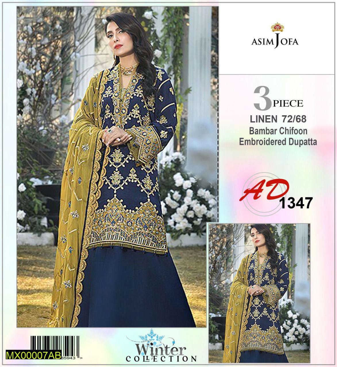 Asim Jofa 3-Piece Navy Blue Linen Embroidered Suit with Bamber Chiffon Dupatta