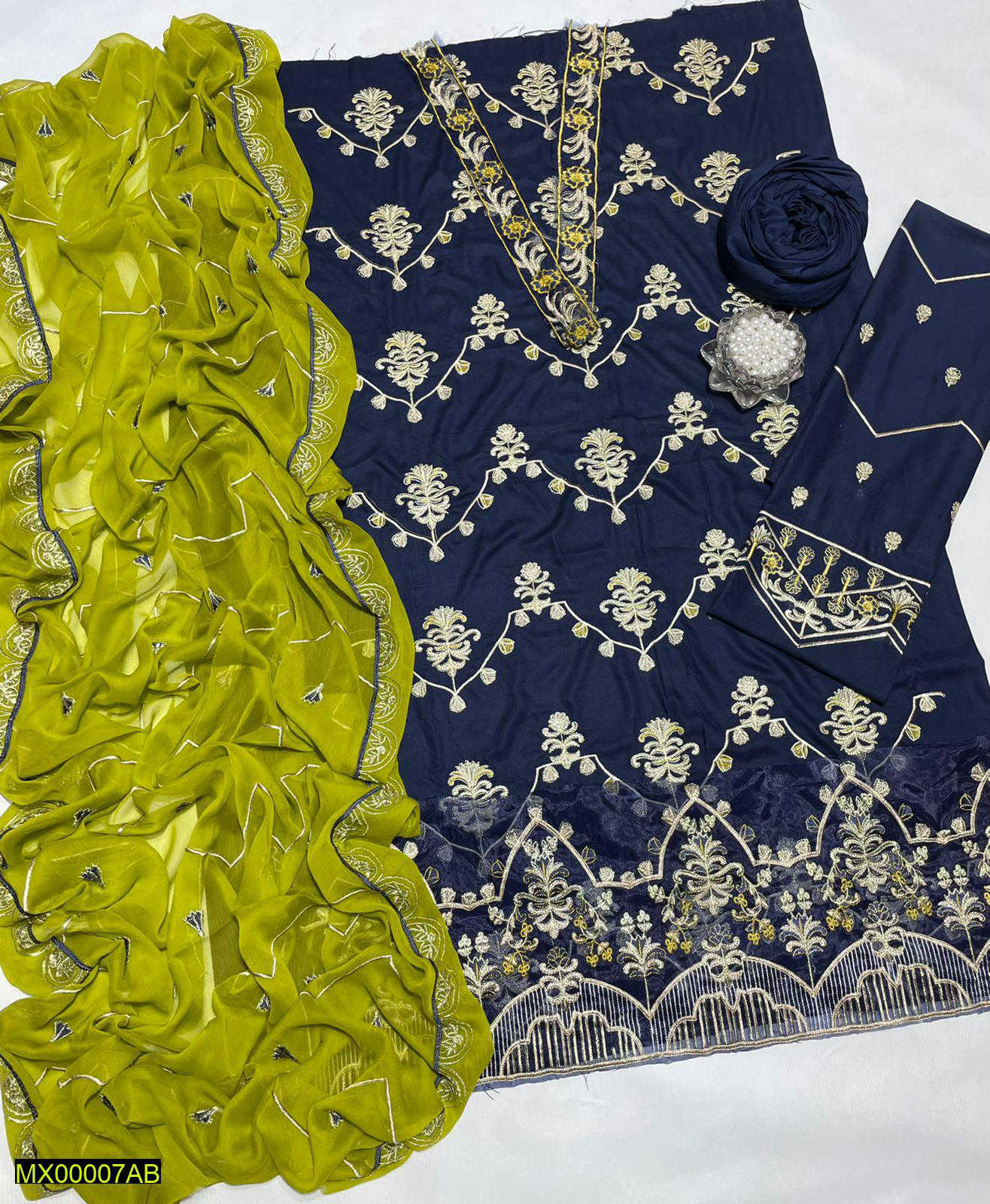 Asim Jofa 3-Piece Navy Blue Linen Embroidered Suit with Bamber Chiffon Dupatta