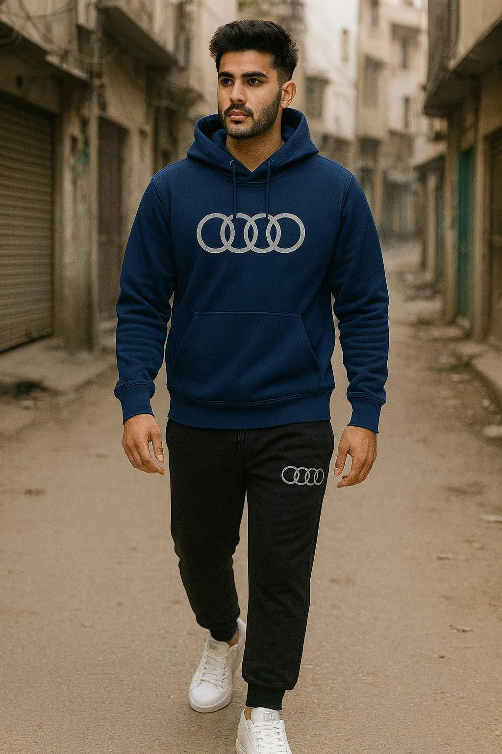 Men Audi Logo Hoodie Track Suit Blue Black XL