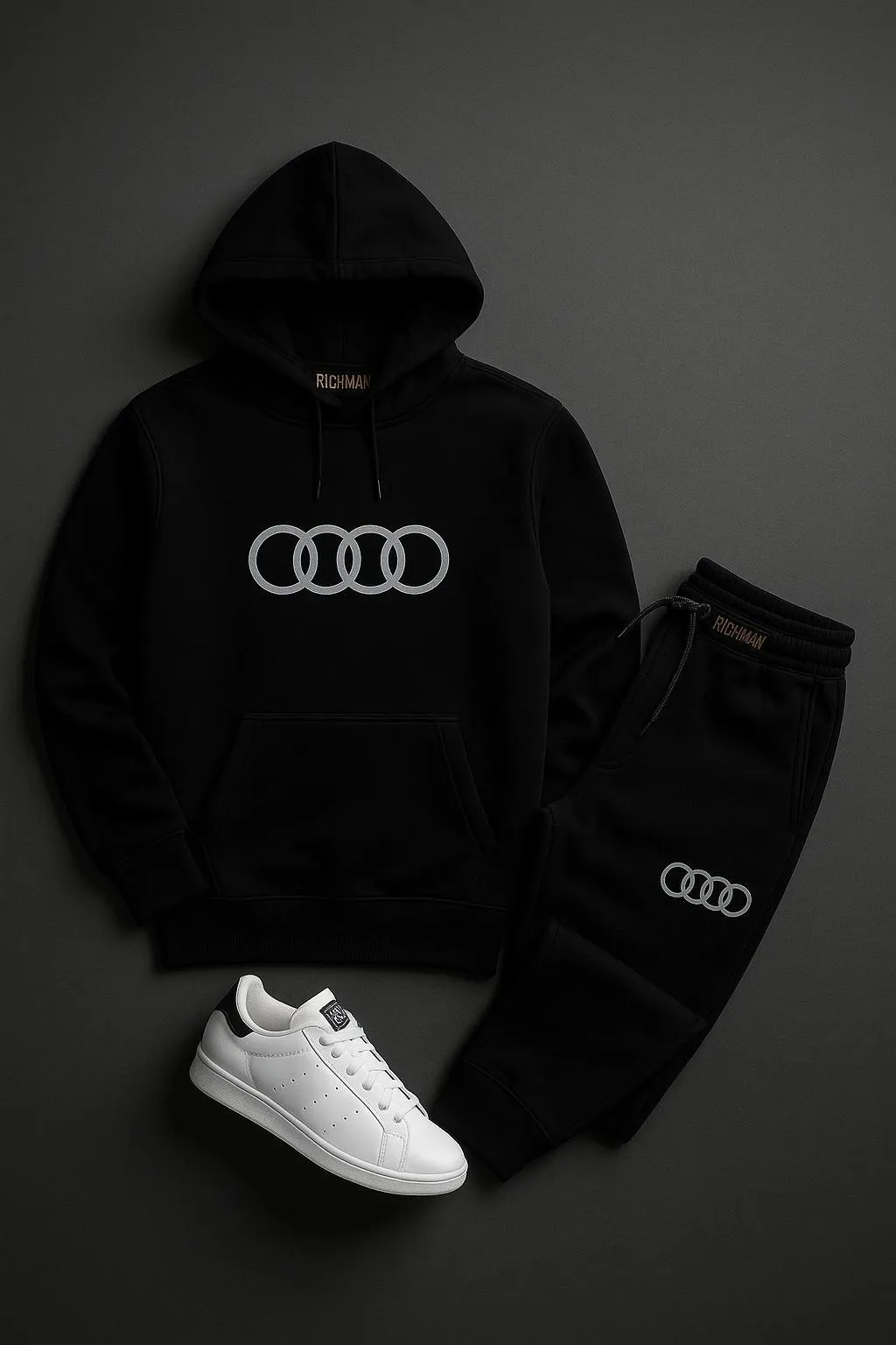 Men Black Audi Logo Hoodie Track Suit 2Pcs