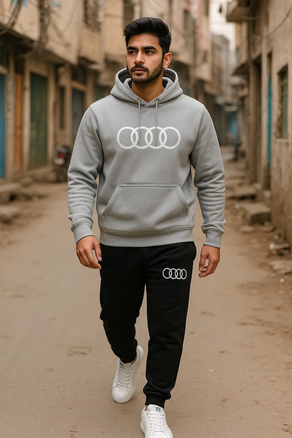 Men Audi Logo Hoodie Track Suit Grey Black