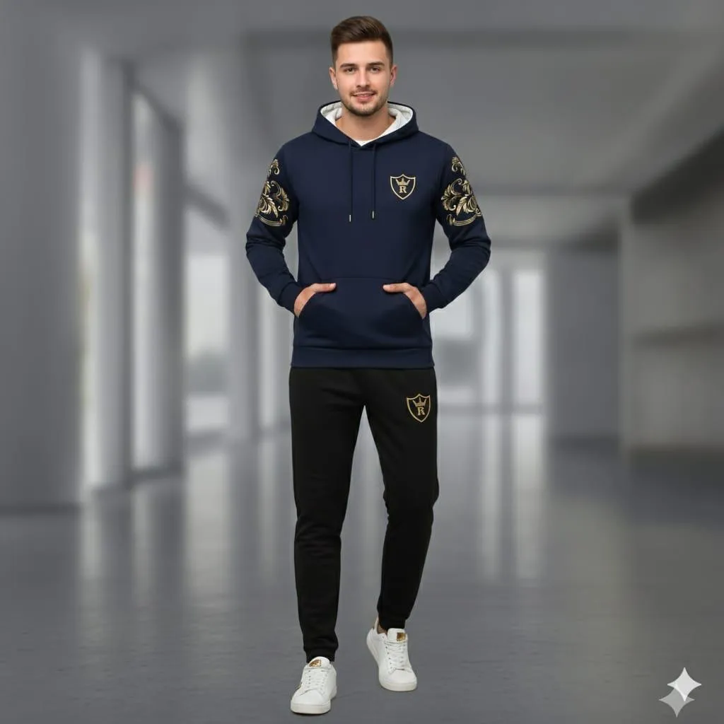 Men Royal Crest Blue Hoodie Track Suit Winter Warm Fleece