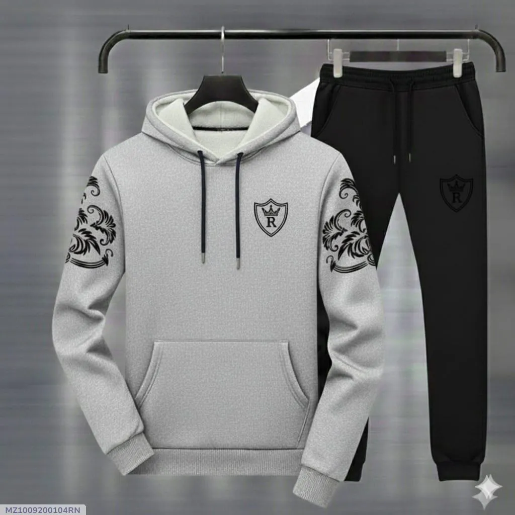 Men Grey Black Royal Crest Hoodie Track Suit Winter Fleece