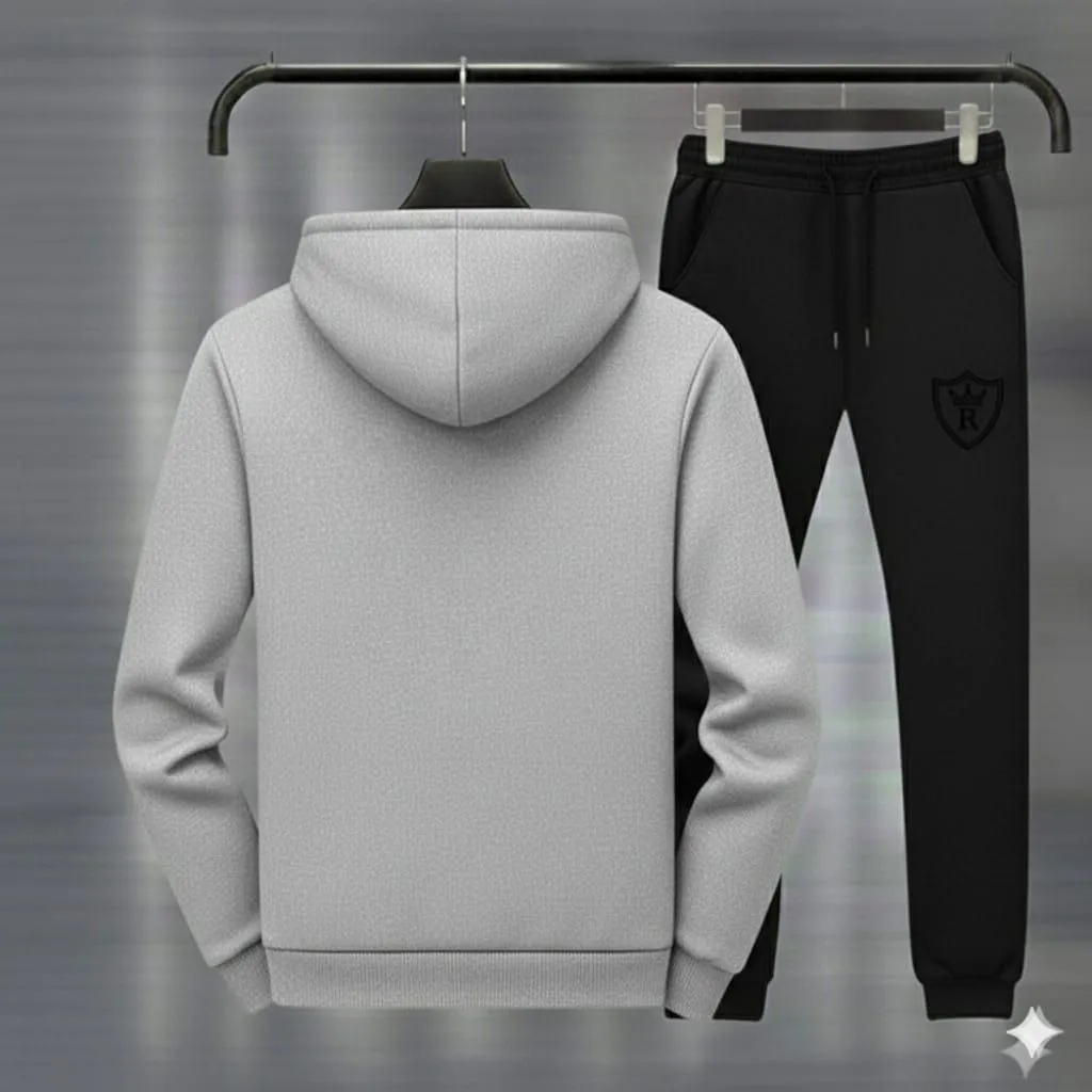 Men Grey Black Royal Crest Hoodie Track Suit Winter Fleece