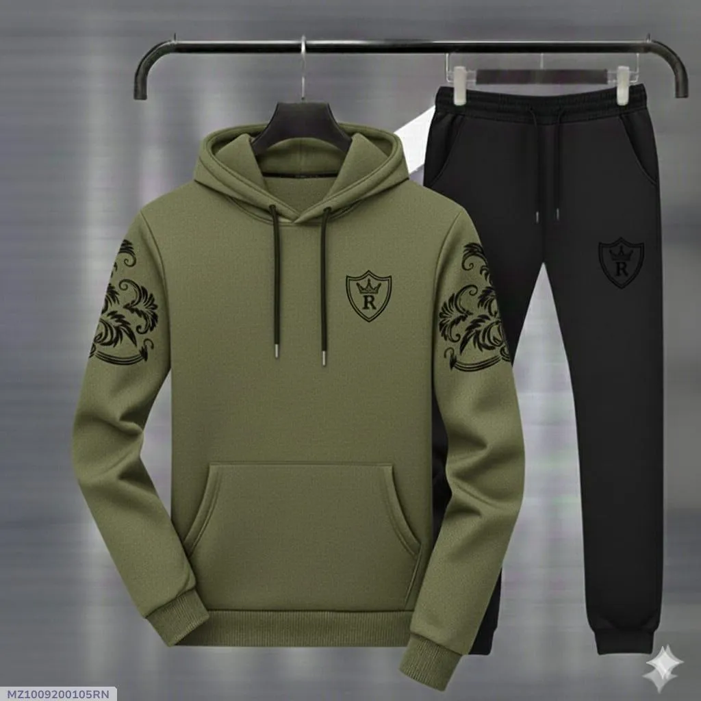 Men Royal Crest Hoodie Track Suit Green Black Fleece
