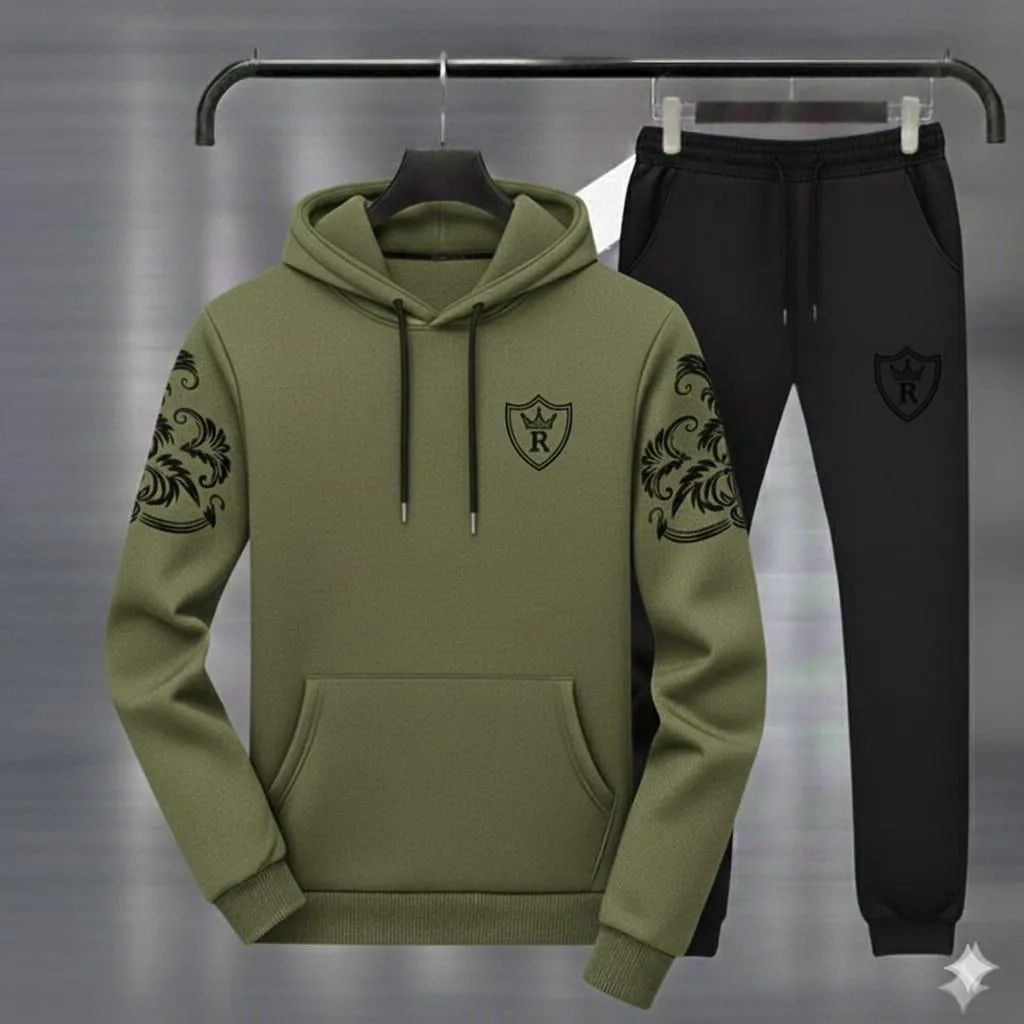 Men Royal Crest Hoodie Track Suit Green Black Fleece