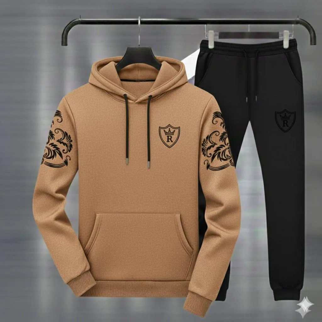 Men Royal Crest Hoodie Track Suit Brown Black Fleece