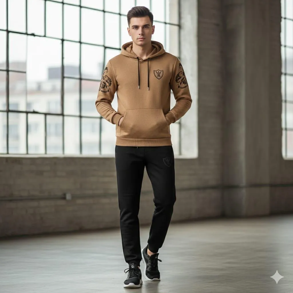 Men Royal Crest Hoodie Track Suit Brown Black Fleece