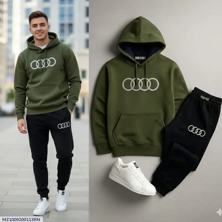 Men Olive Green Hoodie Track Suit with Logo Black Joggers Winter Sale