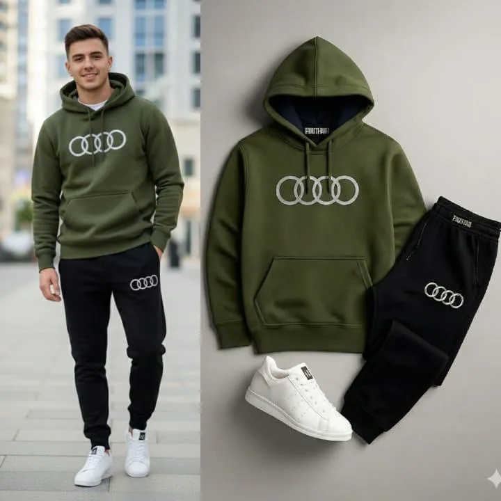 Men Olive Green Hoodie Track Suit with Logo Black Joggers Winter Sale