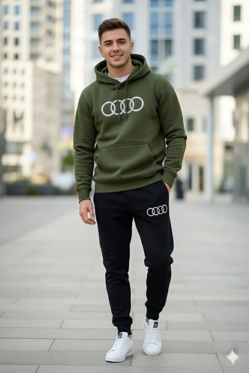 Men Olive Green Hoodie Track Suit with Logo Black Joggers Winter Sale