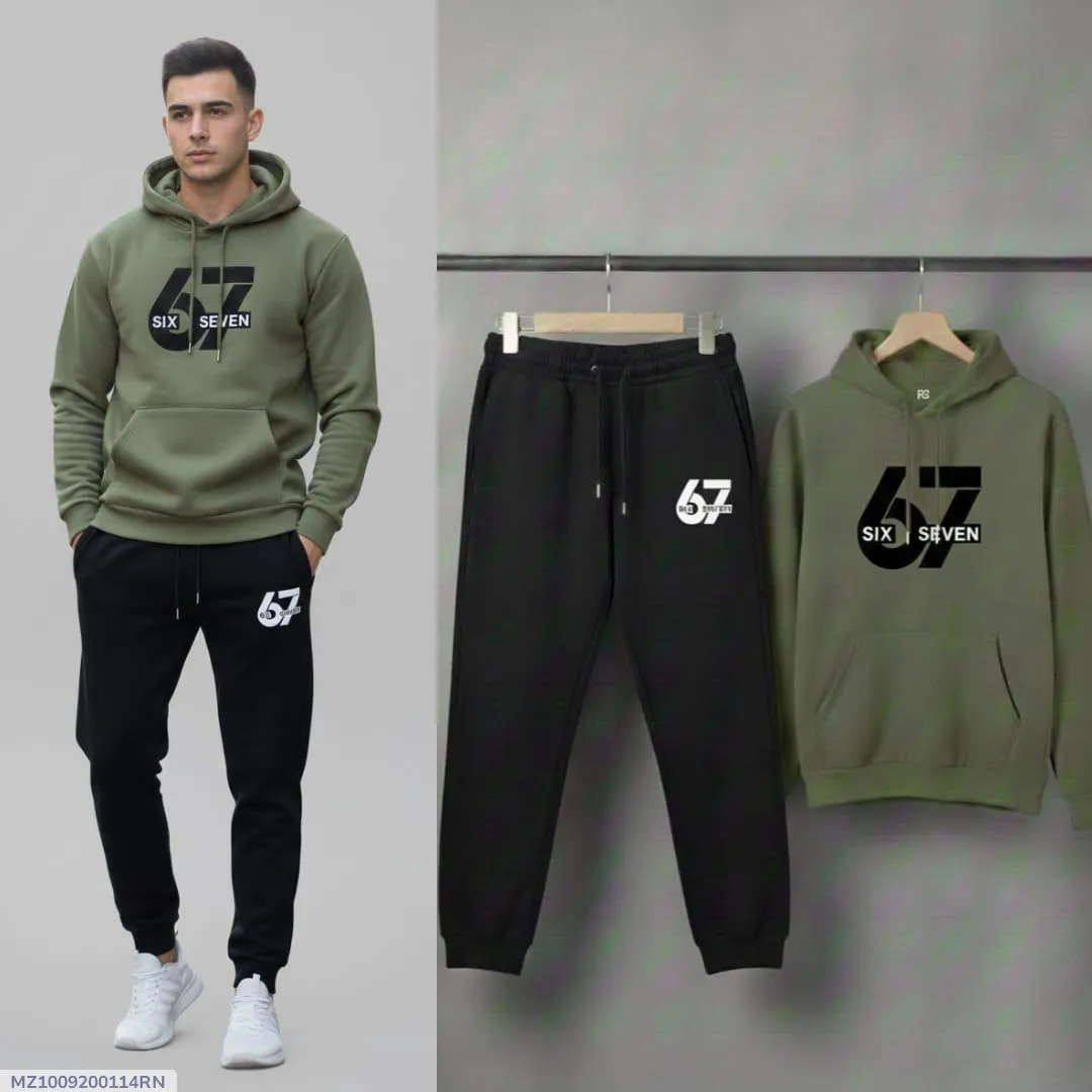 Men Olive Green Printed Hoodie Track Suit 2Pcs Fleece Winter Sale