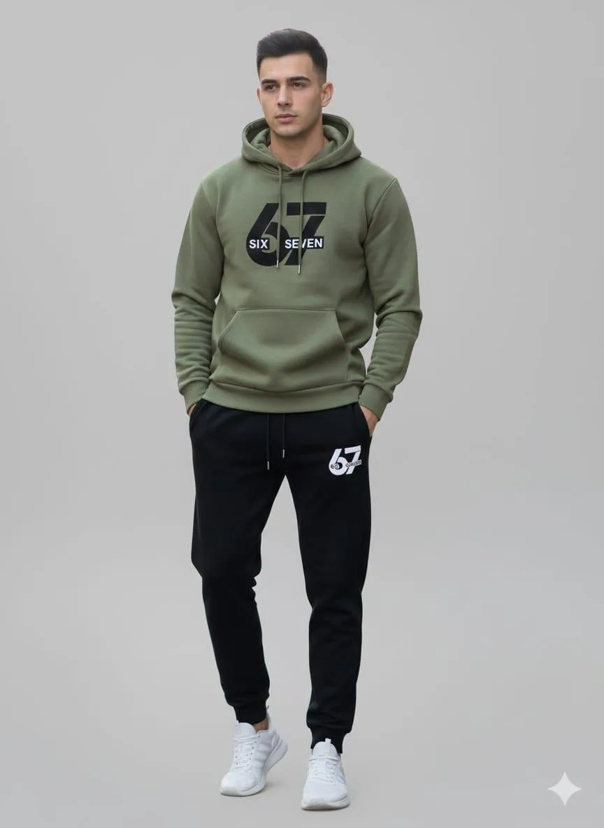 Men Olive Green Printed Hoodie Track Suit 2Pcs Fleece Winter Sale