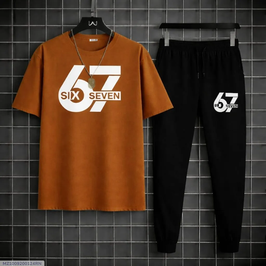 Men Printed 67 Track Suit Brown Black Polyester Summer Set